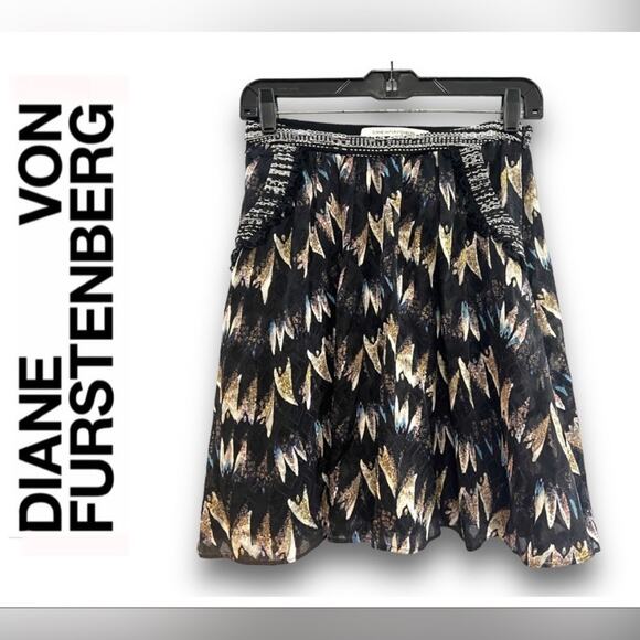 DIANE VON FURSTENBERG Silk black & taupe print skirt lace trim pockets SZ 2 - Picture 12 of 12